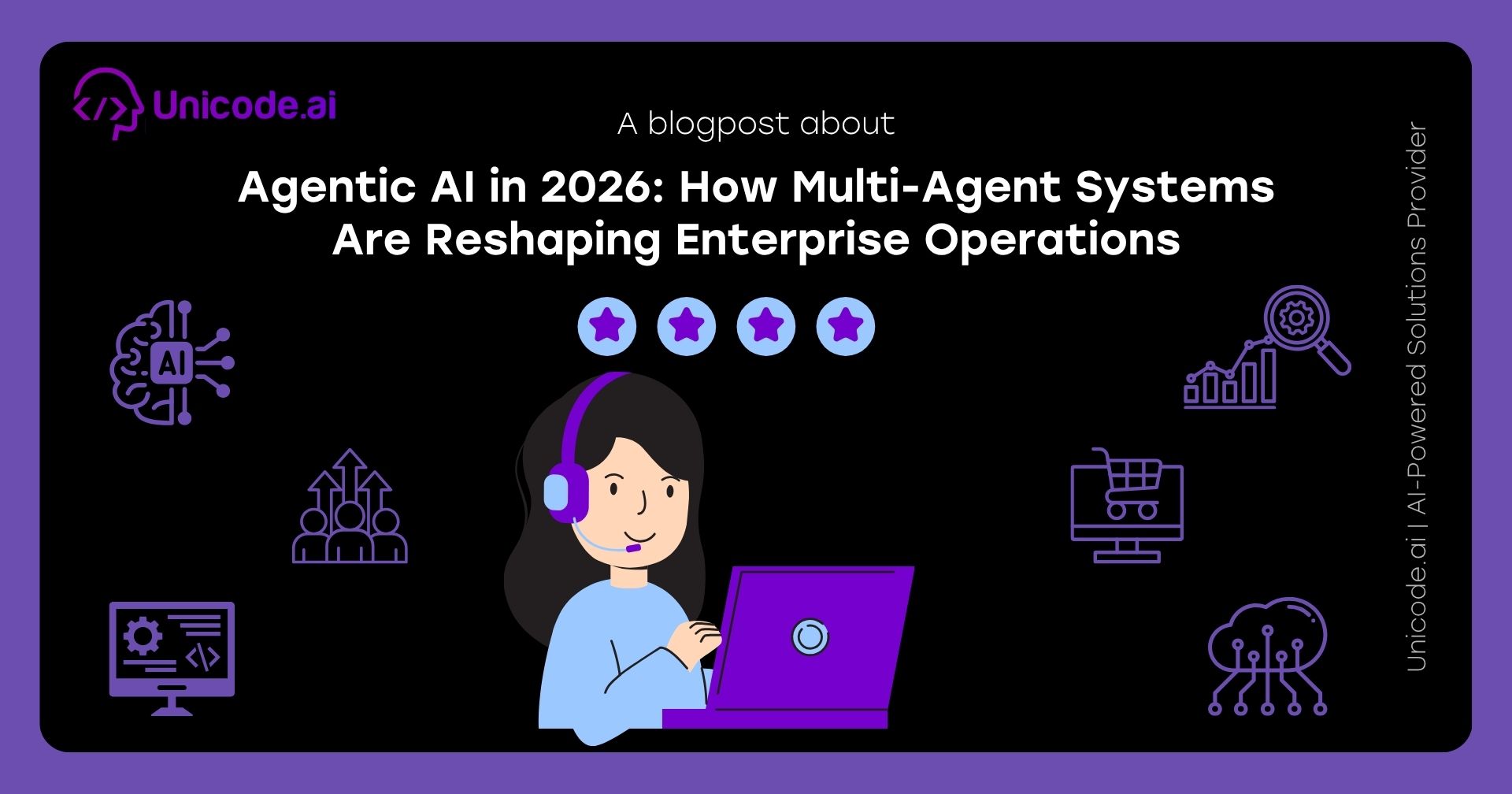 Blog cover with Unicode.ai logo featuring AI sentiment and review analysis solutions icons, including a hand selecting a happy face, user avatar surrounded by arrows, and various tech and analytics symbols on a black and purple background.