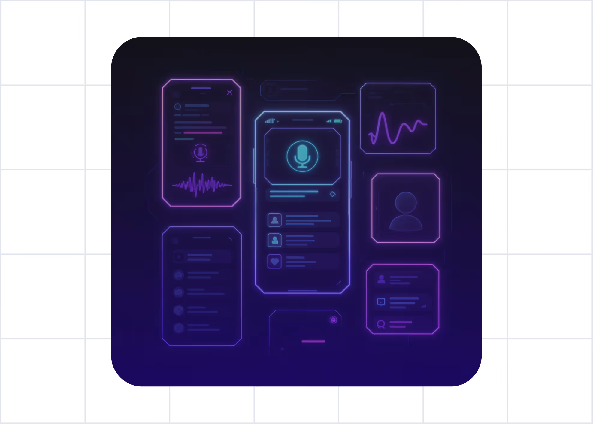 Custom AI application development services - smartphone app interface showing AI-powered multi-screen application with chatbot integration