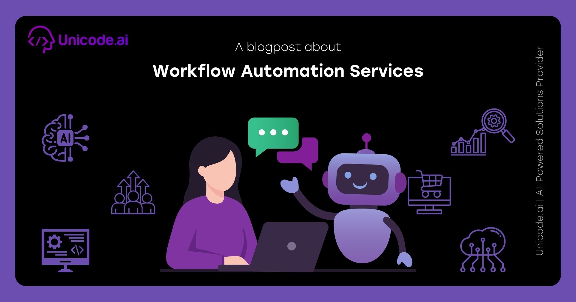 Illustration of a woman handing files and charts to a robot with icons representing AI and business analytics on a black background titled 'How Businesses Can Launch AI Features Faster Using AIaaS'.