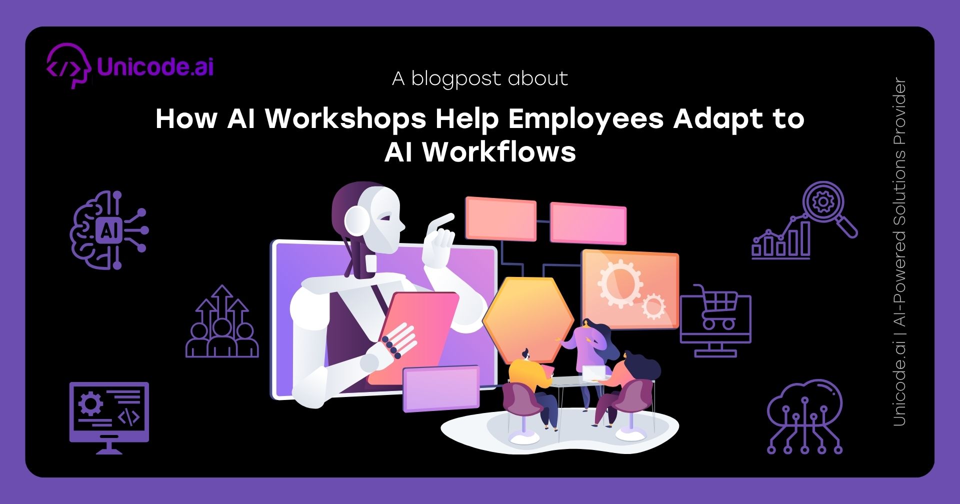 Illustration of a woman handing files and charts to a robot with icons representing AI and business analytics on a black background titled 'How Businesses Can Launch AI Features Faster Using AIaaS'.