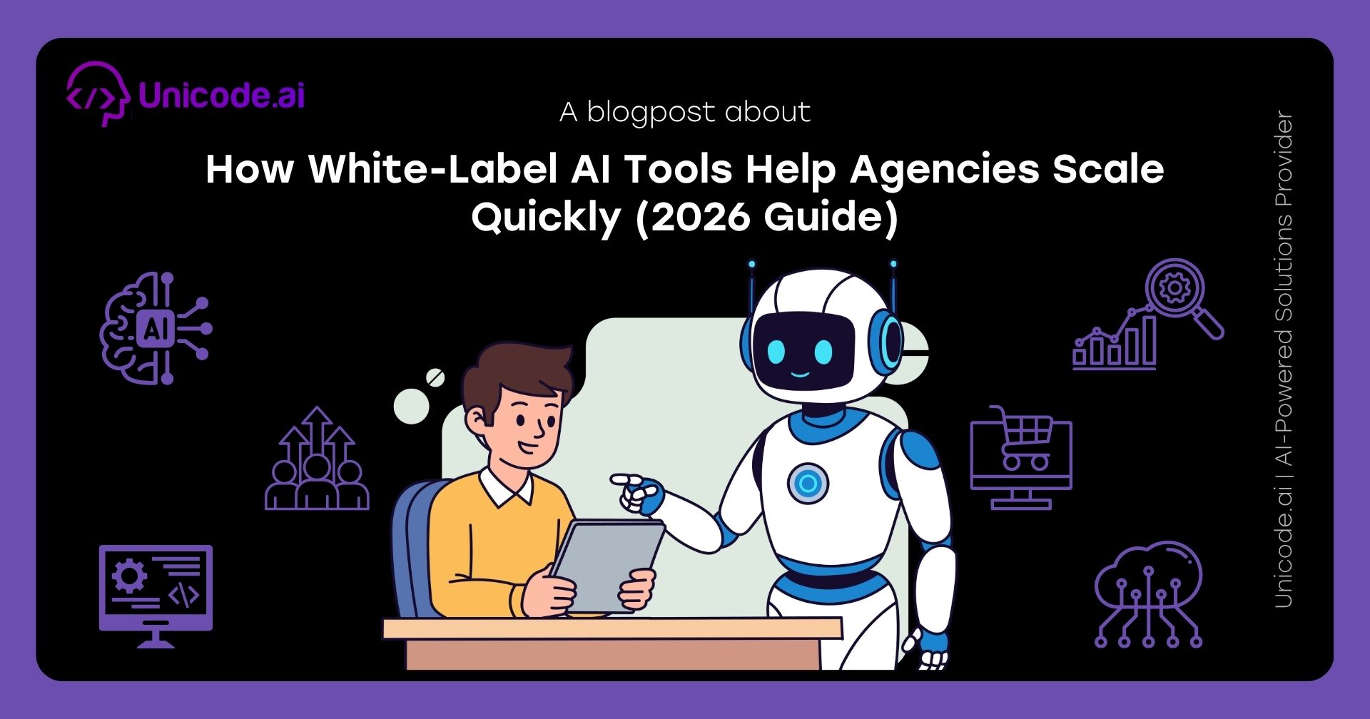 Illustration of a woman handing files and charts to a robot with icons representing AI and business analytics on a black background titled 'How Businesses Can Launch AI Features Faster Using AIaaS'.