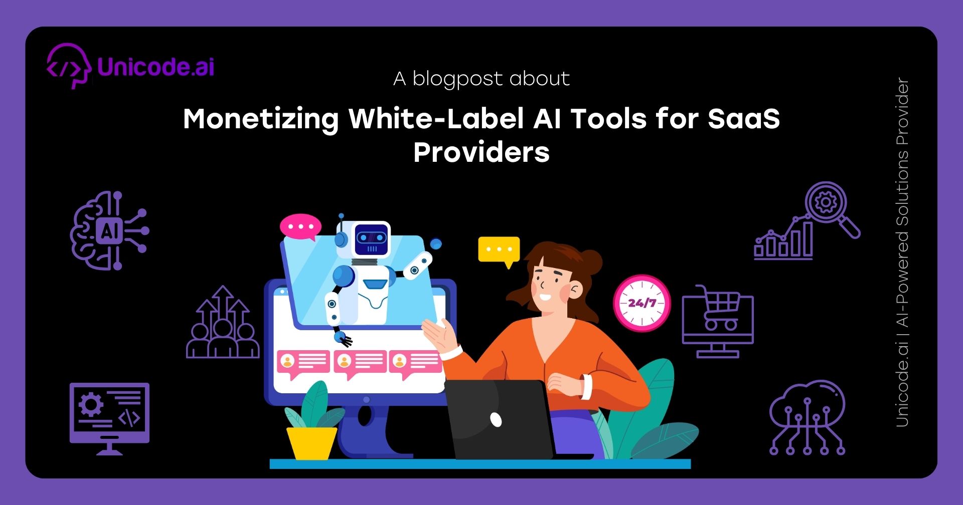 Illustration of a woman handing files and charts to a robot with icons representing AI and business analytics on a black background titled 'How Businesses Can Launch AI Features Faster Using AIaaS'.