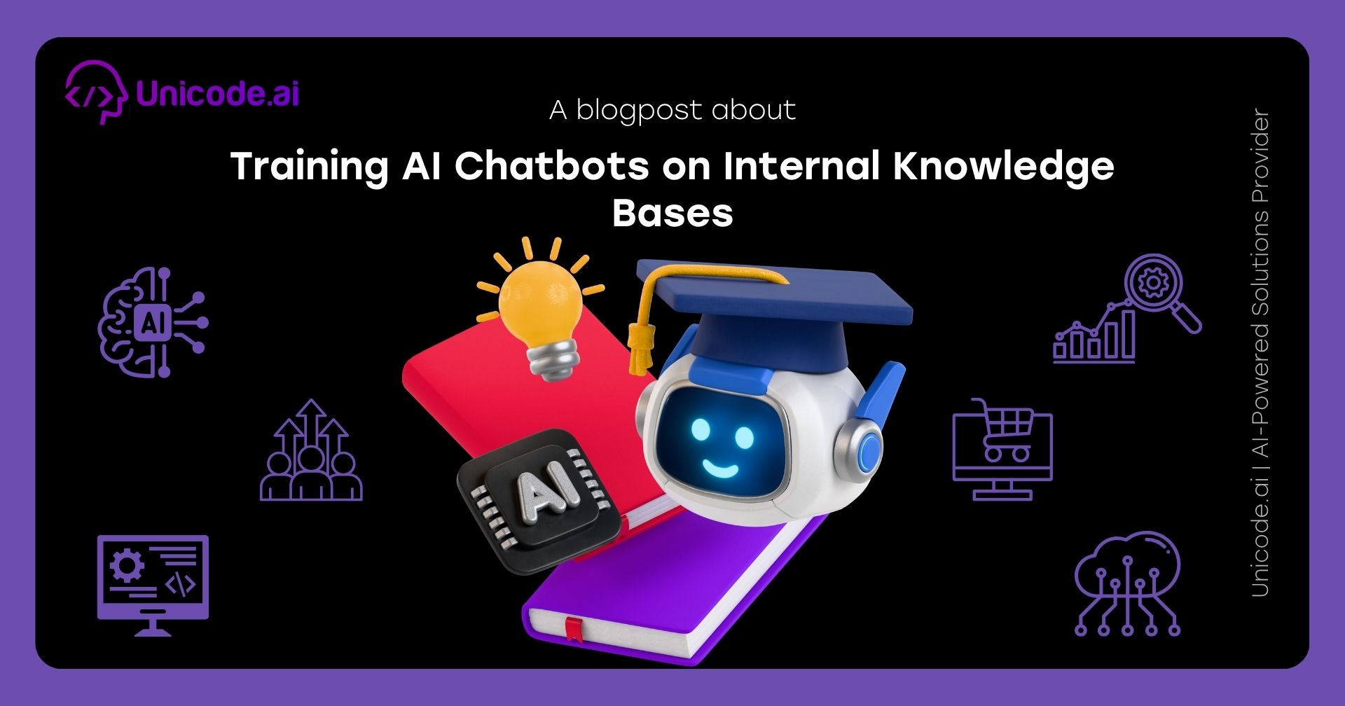 Blog cover with Unicode.ai logo featuring AI sentiment and review analysis solutions icons, including a hand selecting a happy face, user avatar surrounded by arrows, and various tech and analytics symbols on a black and purple background.