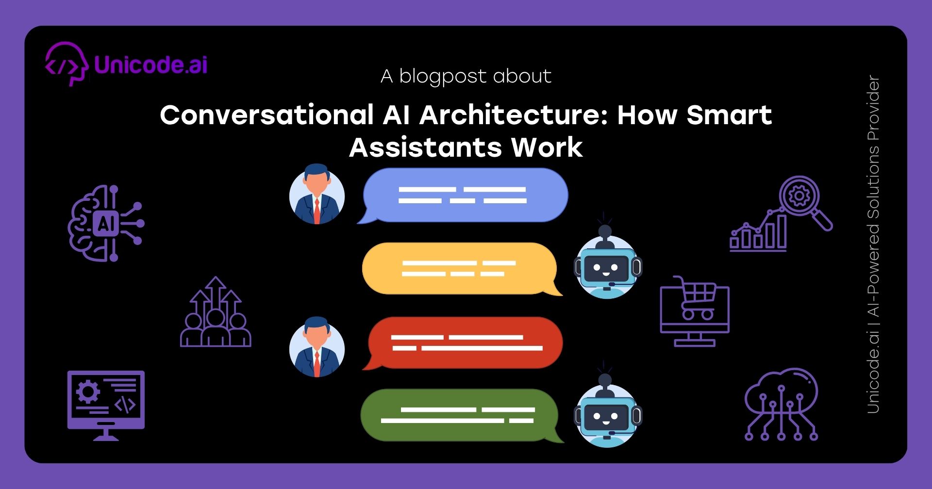 Unicode.ai blog banner with the title "Conversational AI Architecture: How Smart Assistants Work" over a dark illustrated background.