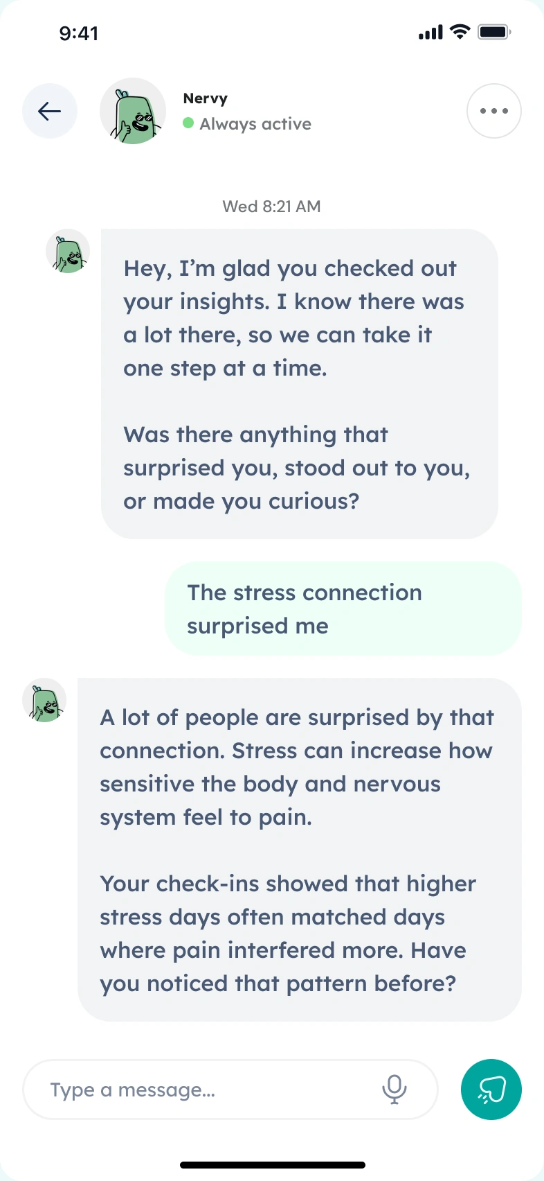 AI coaching chat responding with context from tracked pain and mood history