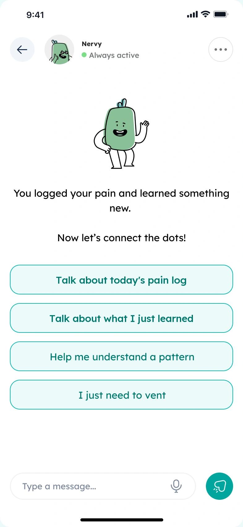 Nerveli app on a phone, showing the AI wellness coach conversation