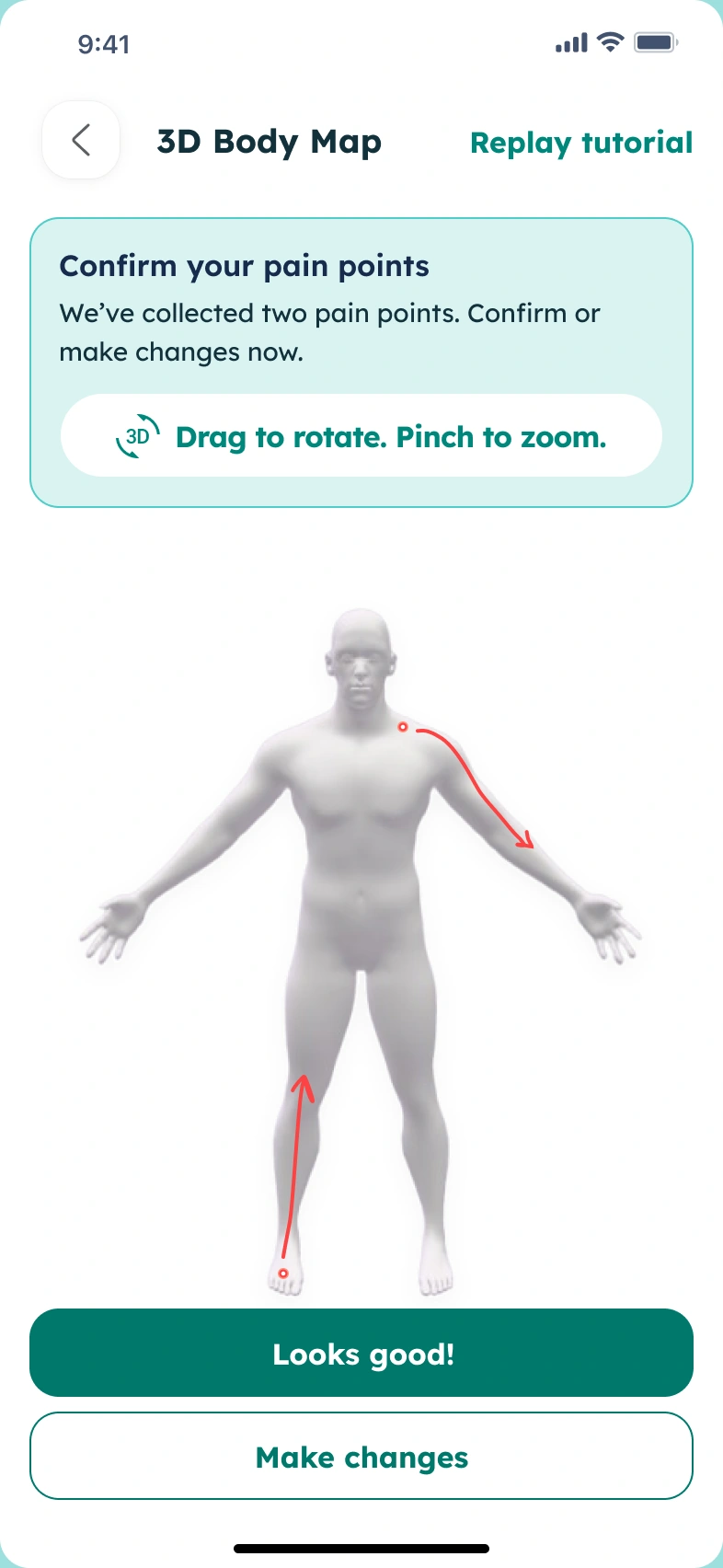 Interactive 3D body map with pain points and radiation paths marked
