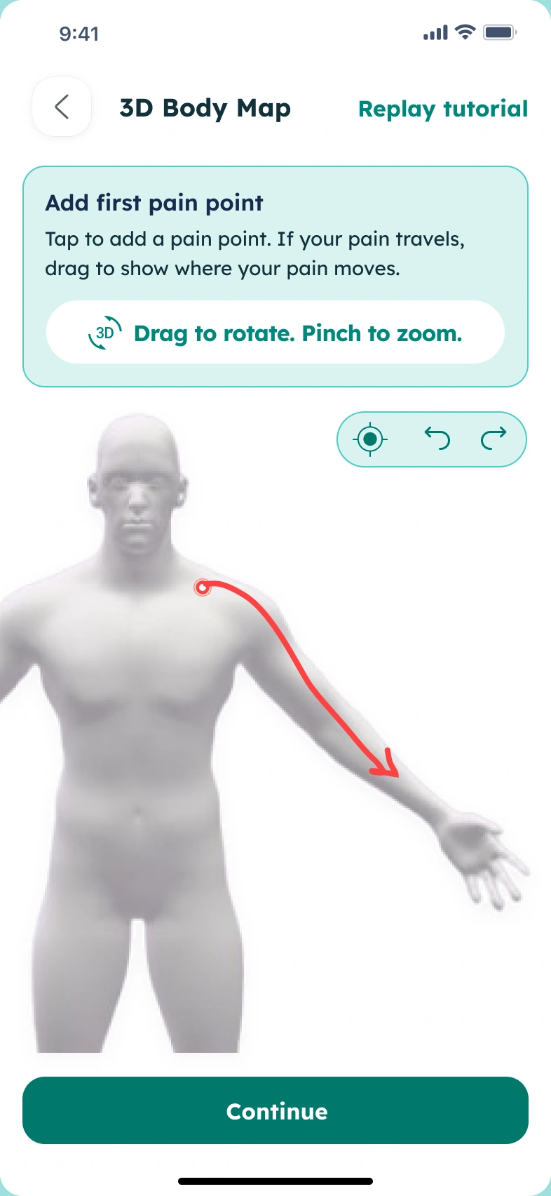 3D body map pain localization screen