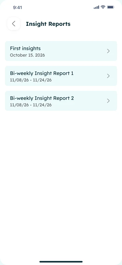 Nerveli app Insight Reports screen listing bi-weekly insight reports