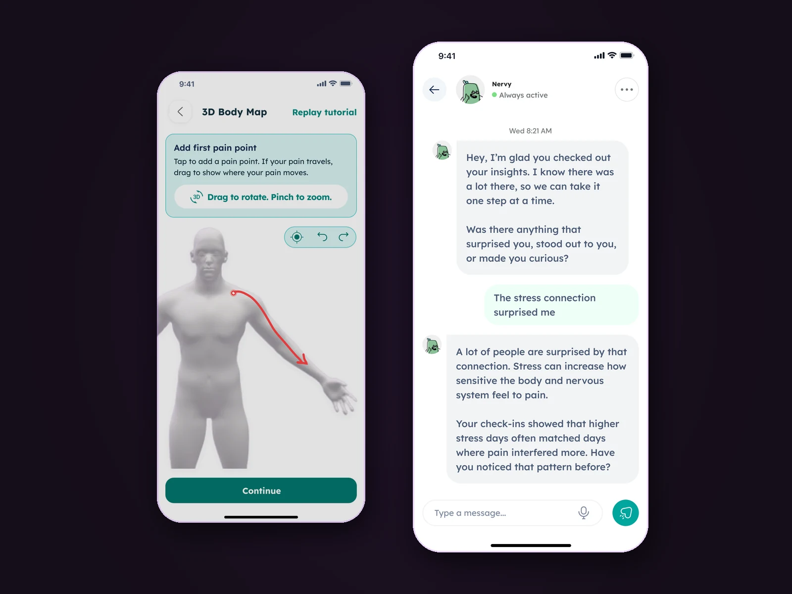 The Nerveli 3D body map screen next to the AI coach conversation, showing how the two surfaces connect