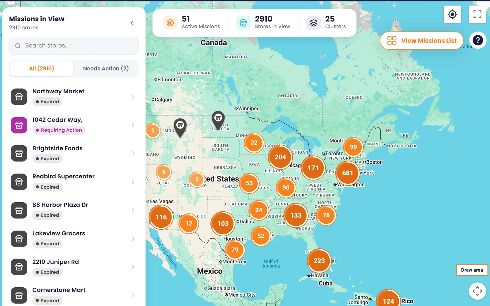 Enabl Mission Control map clustering stores and active missions across the United States