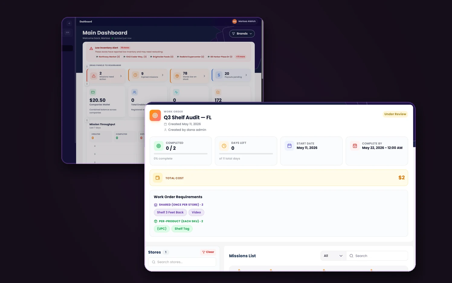 Enabl admin dashboard and work order requirements screens