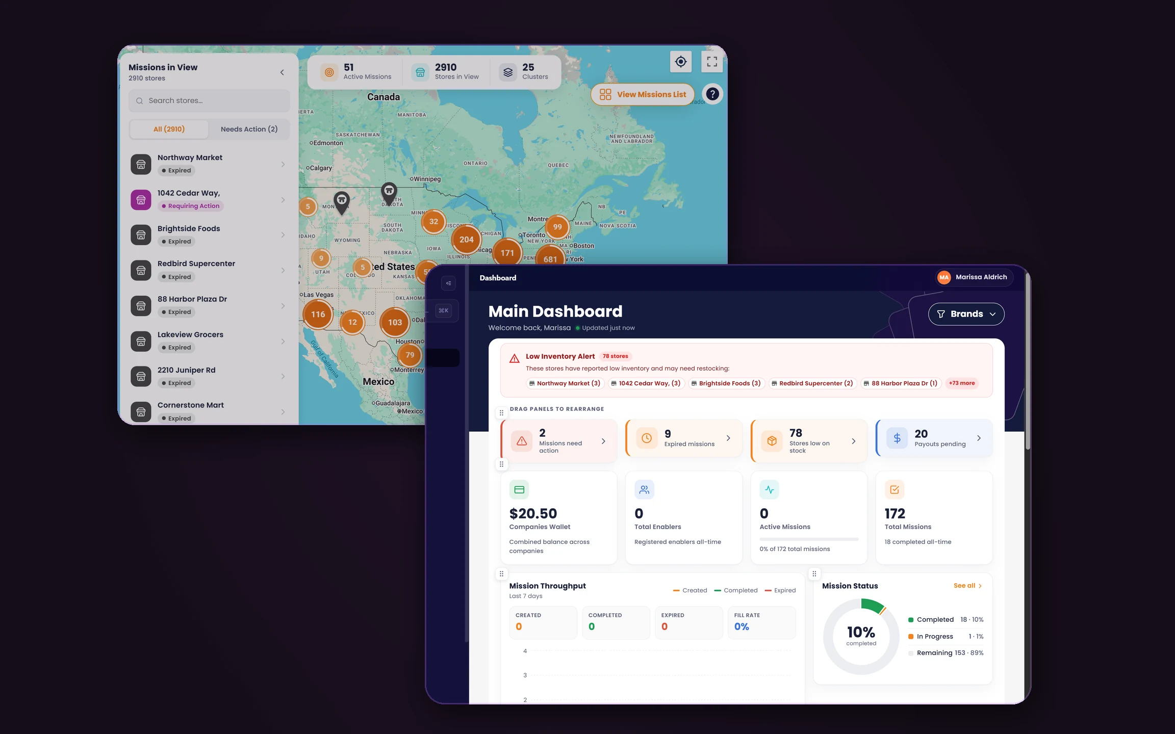 Enabl Mission Control map and main admin dashboard shown together