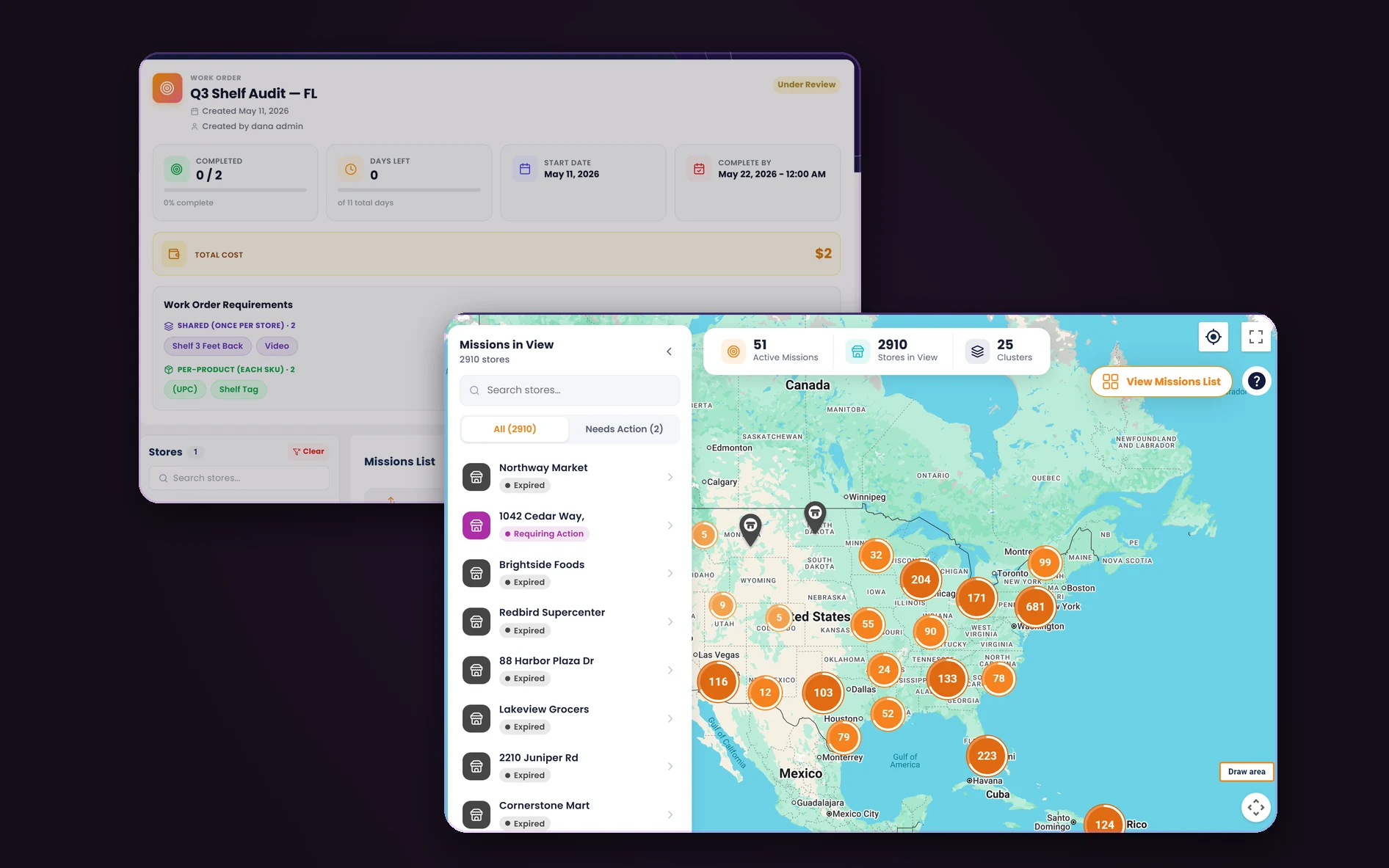 Enabl work order detail alongside the cluster map of stores and missions