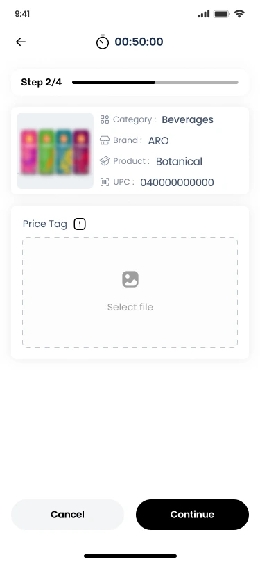 Timed capture step on mobile showing the product's category, brand, name and UPC above a price-tag photo upload