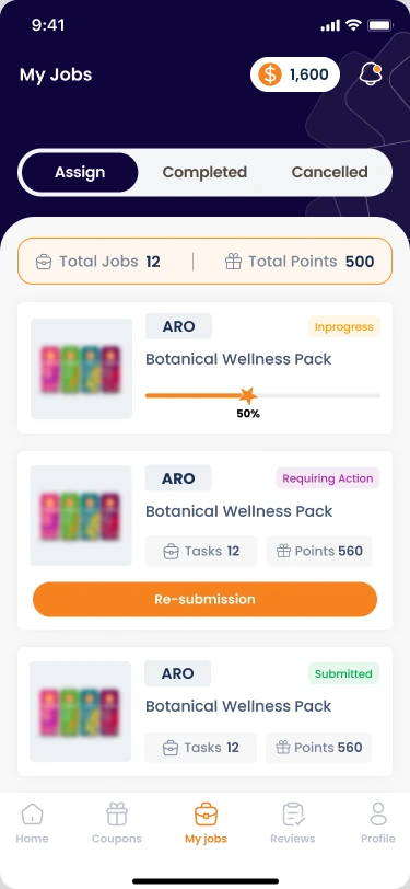 Field rep's mobile job list showing assigned shelf-audit jobs with brand, status, task count and points earned
