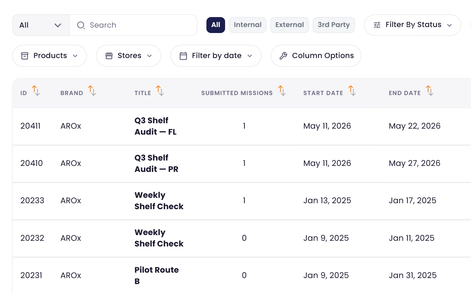 Enabl work orders list showing shelf-audit orders with brand, submitted mission counts, date ranges and review status