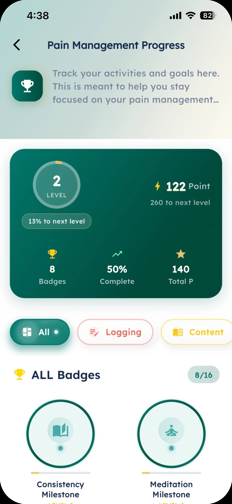 Pain management progress screen showing level, points earned, badge count and completion percentage above a grid of milestone badges