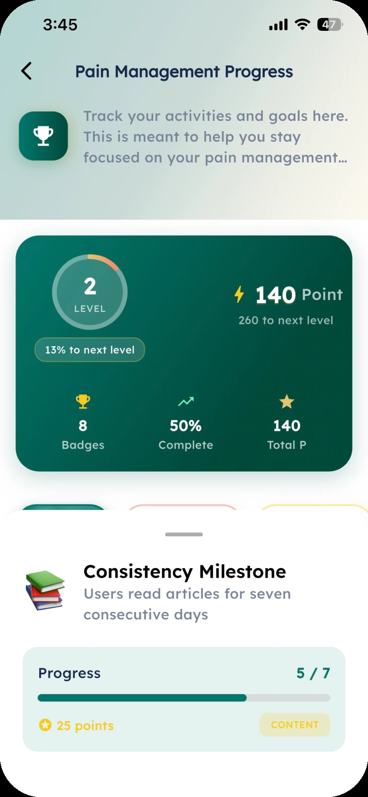 Milestone detail sheet for a reading streak, showing progress toward seven consecutive days and the points it awards