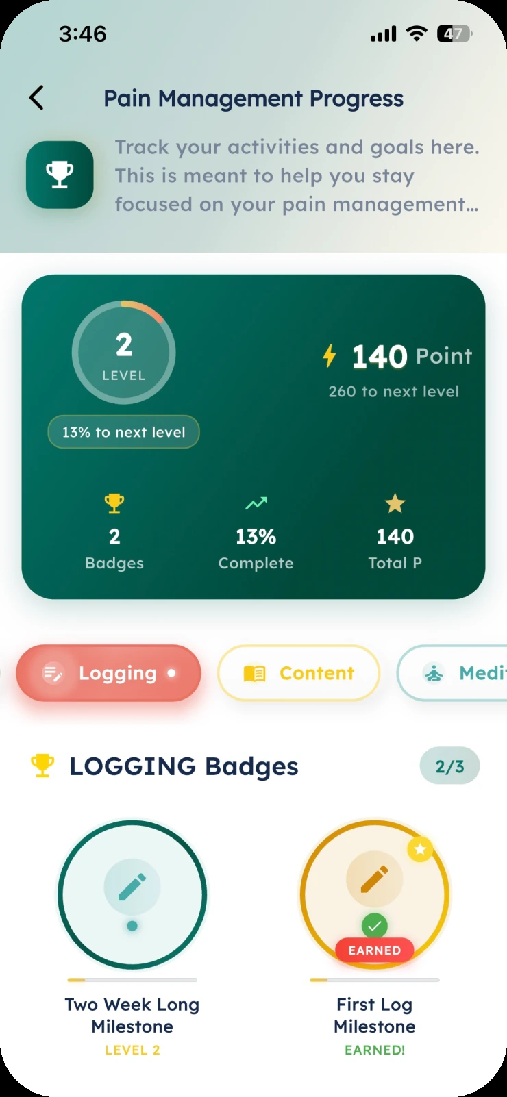 Logging badges filtered view with an earned badge and a locked one, each showing its level and progress