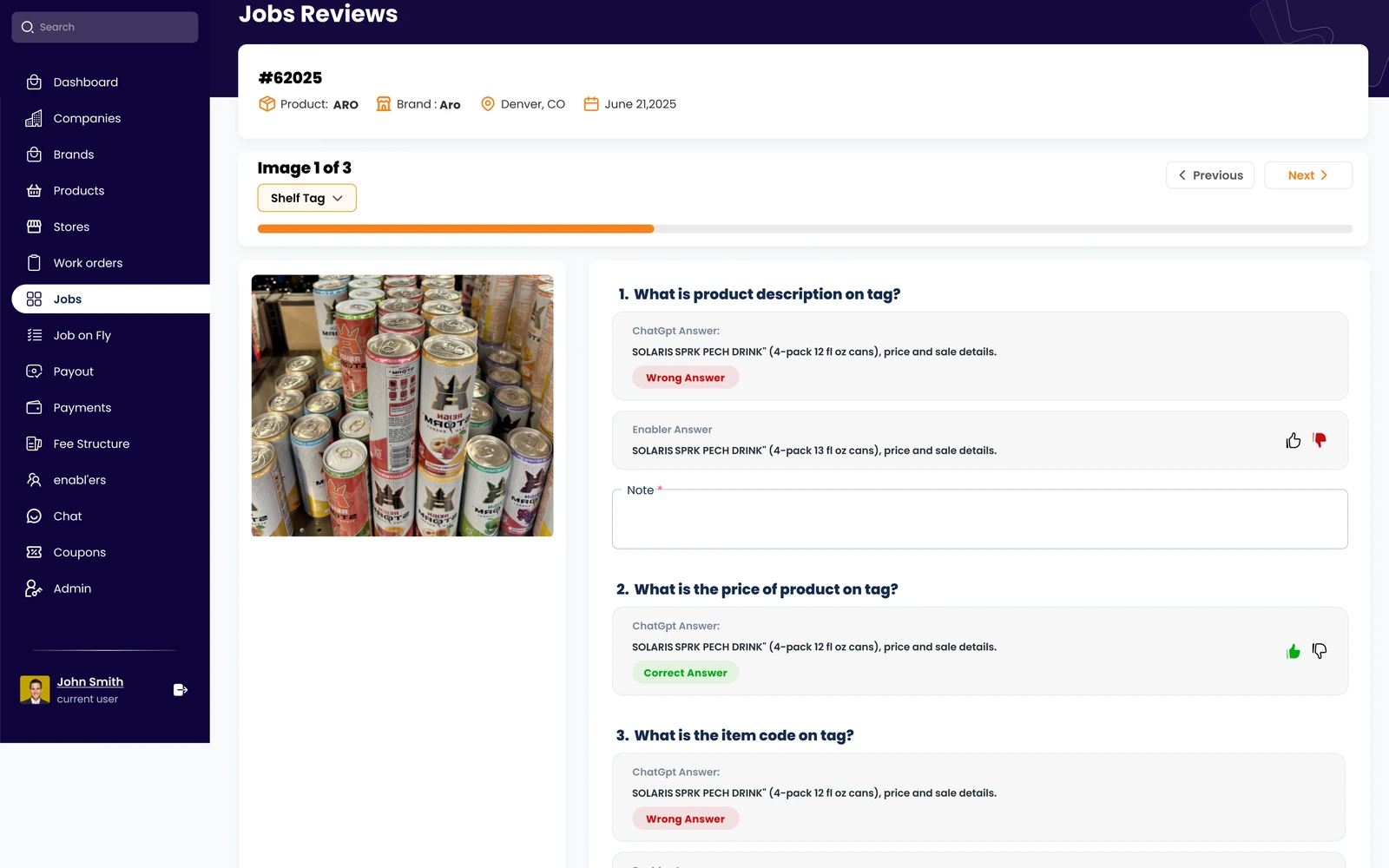 Photo review screen comparing the AI's reading of a shelf photo against the field rep's answer, with correct and wrong verdicts per question