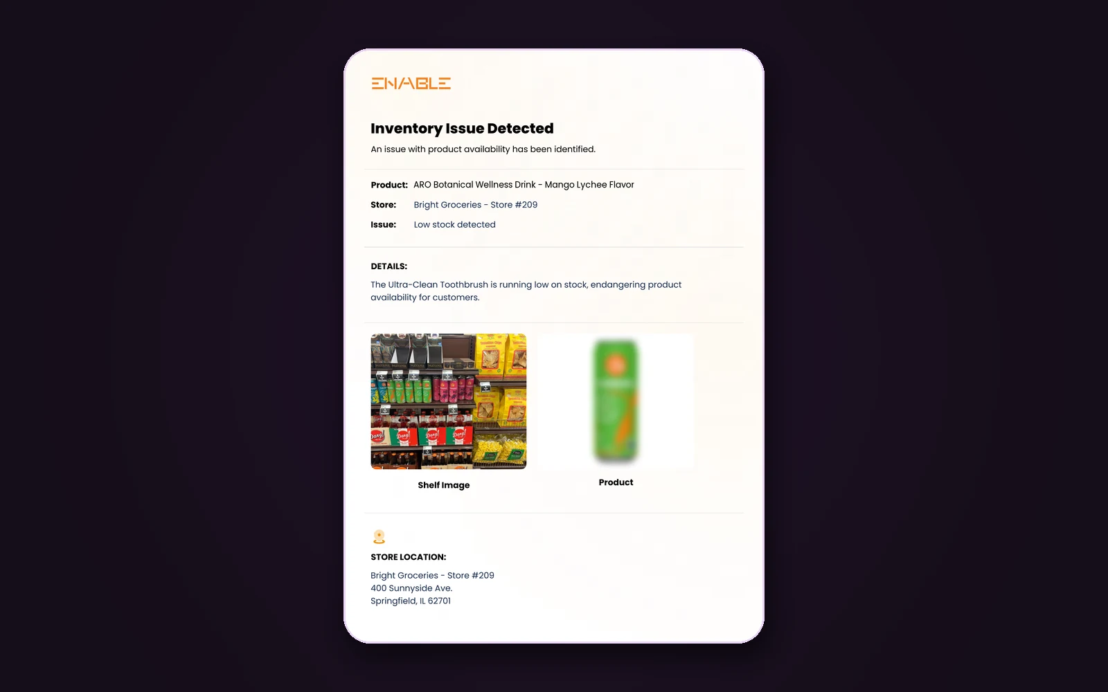 Generated inventory issue report naming the product, store and issue, with the shelf photo that evidences it and the store location