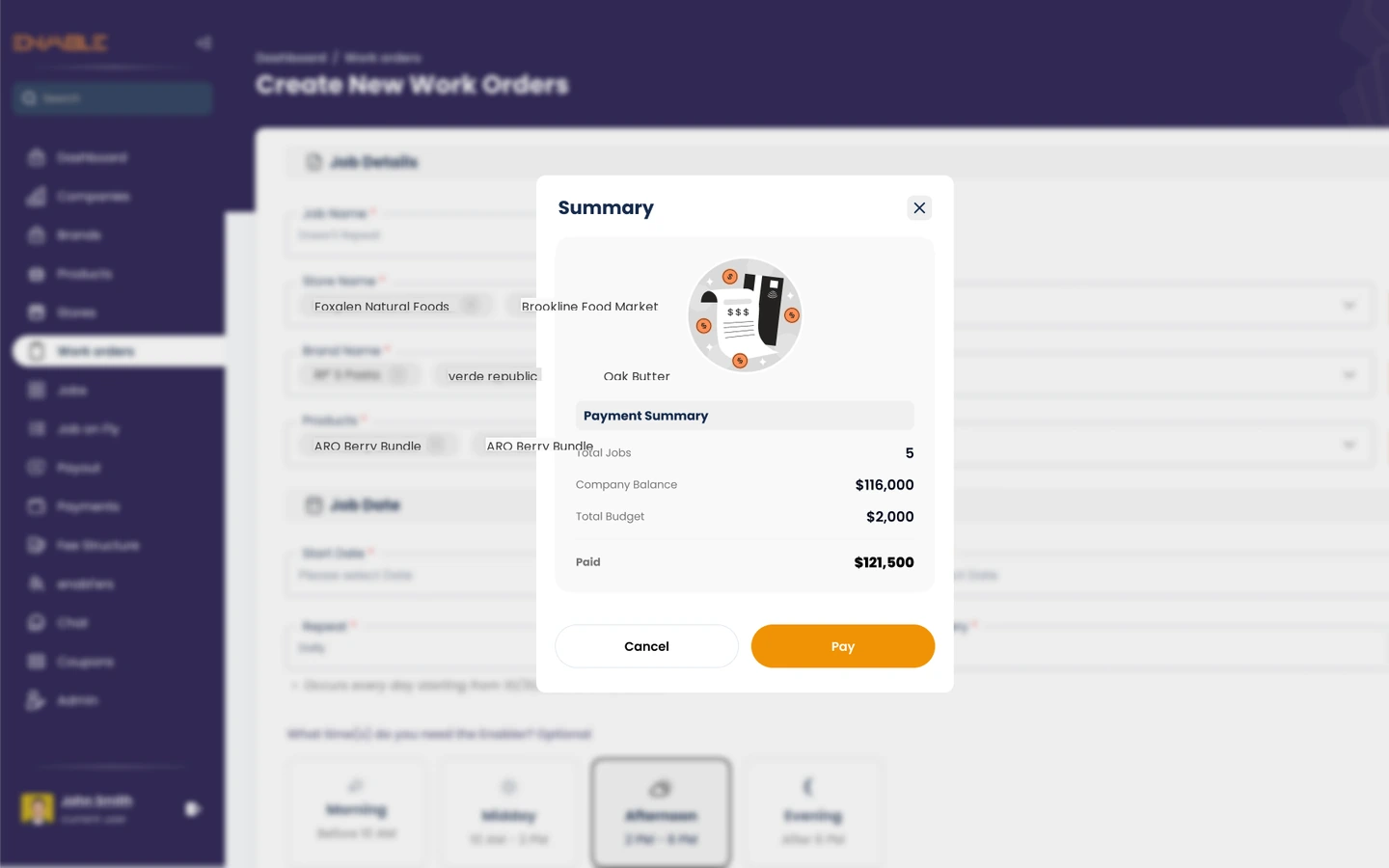 Work order builder with store, brand and product pickers and a payment summary confirming company balance, budget and total