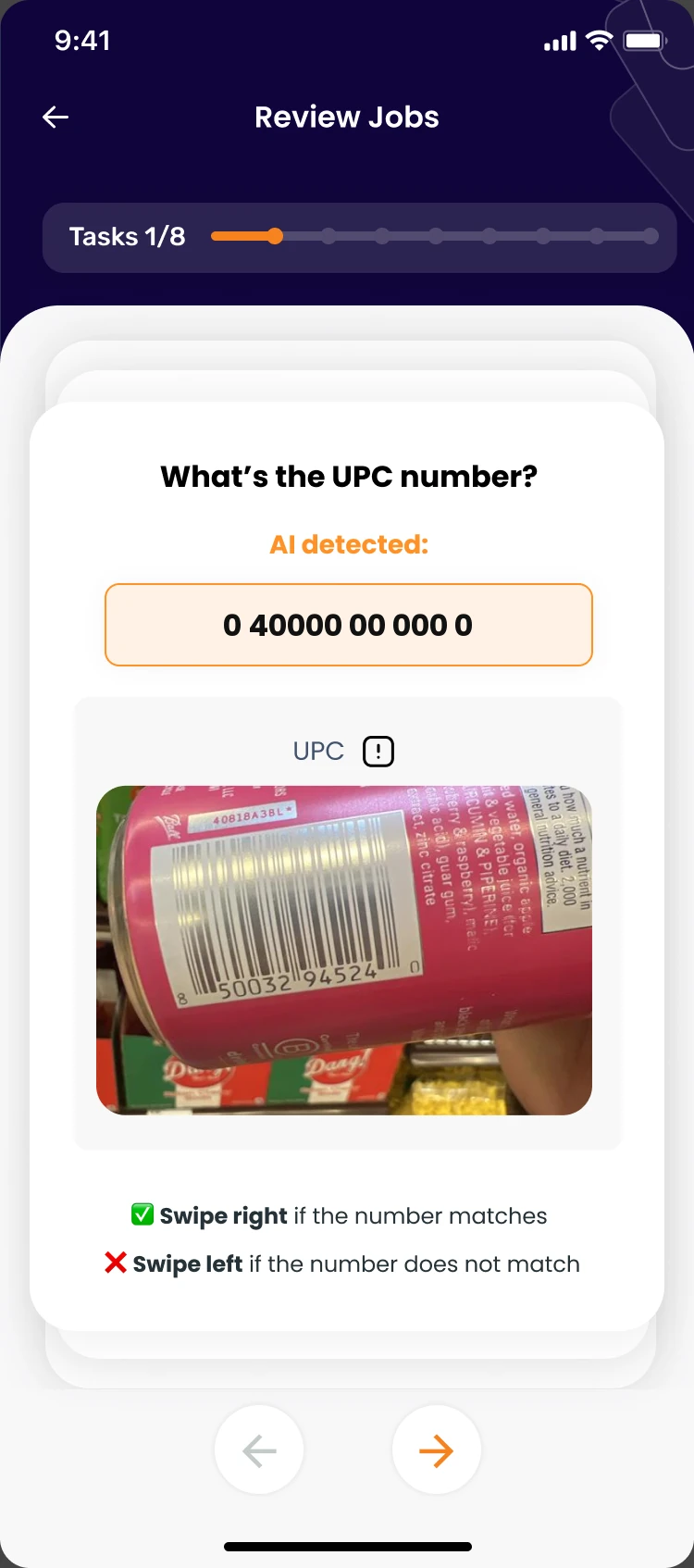 Enabl field app reviewing a shelf photo against the UPC its AI read, with swipe-to-confirm controls