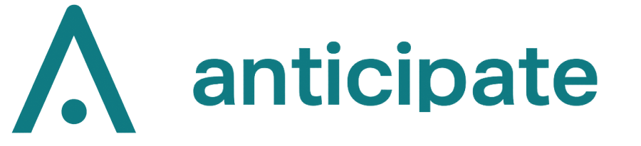 Anticipate blue green logo with decorative A in front and the rest aligned vertically.