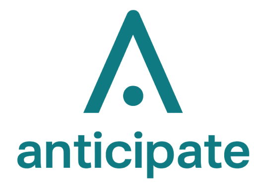 Anticipate blue green logo with decorative A on top and the rest aligned vertically.