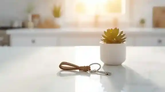 Key with a brown leather keychain lying on a white surface next to a small potted succulent plant with sunlight streaming in the background.