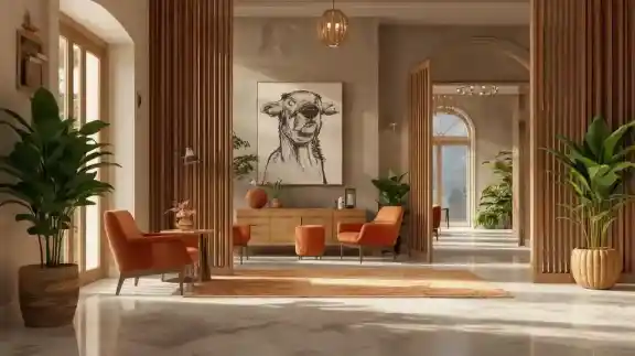 Modern living room with two orange armchairs, a wooden sideboard, large potted plants, and a framed drawing of a dog on the wall.