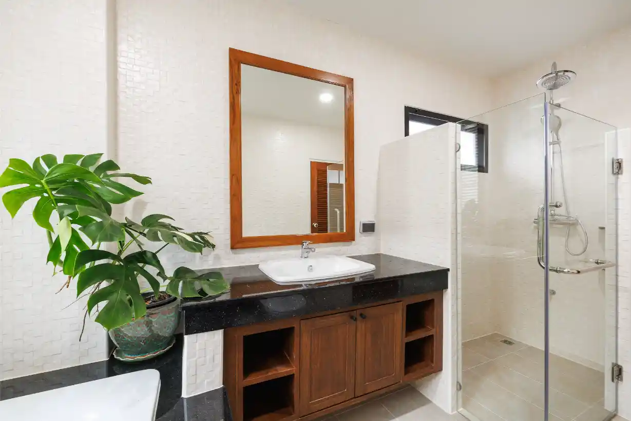 Modern bathroom with a walk-in glass shower, wood vanity, and separate wet and dry zones.