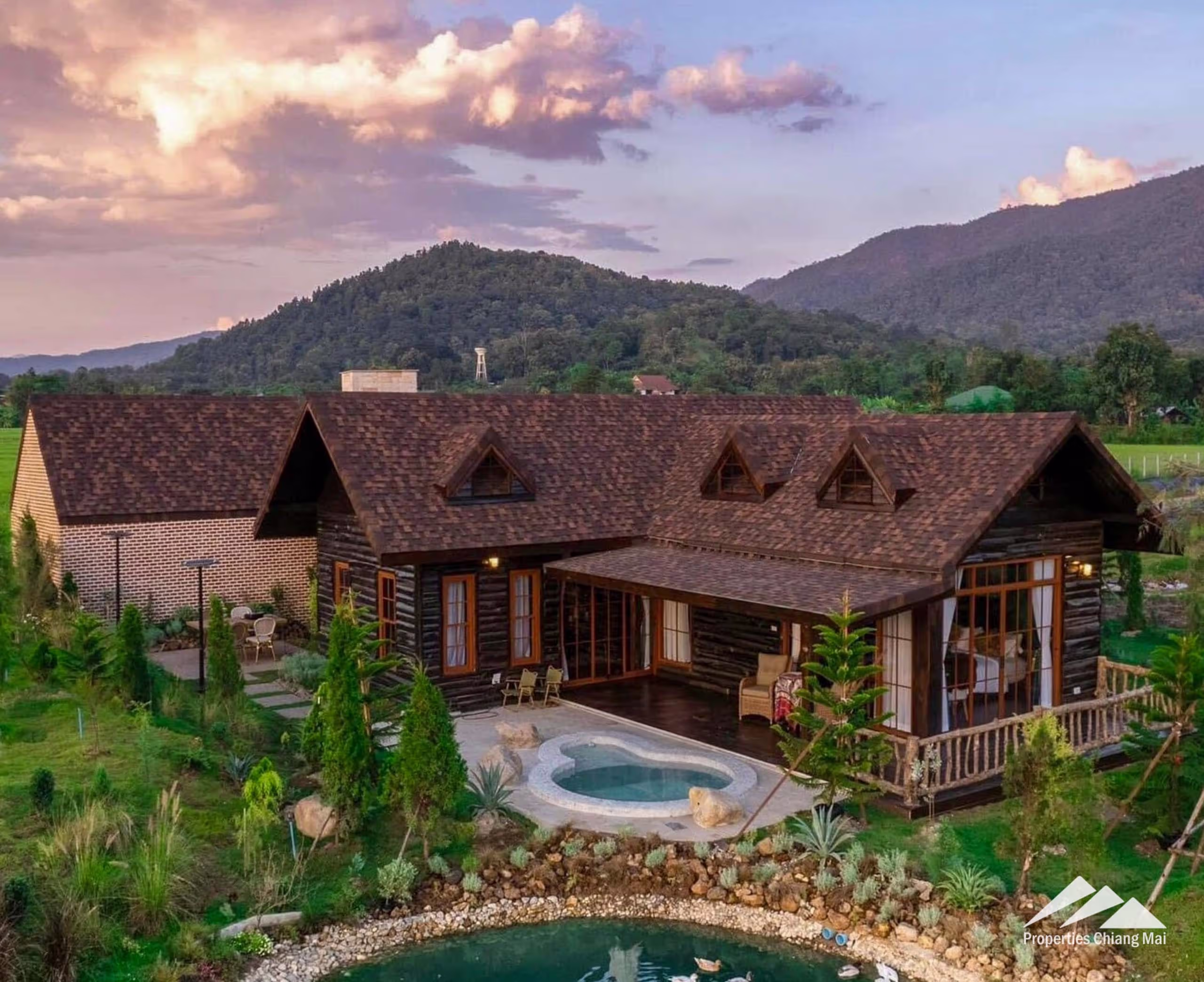 Arial view of the Chiang mai property with hills in back ground