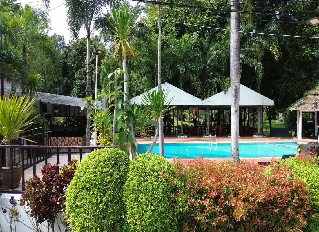 Photo looking into the property across the swimming pool.