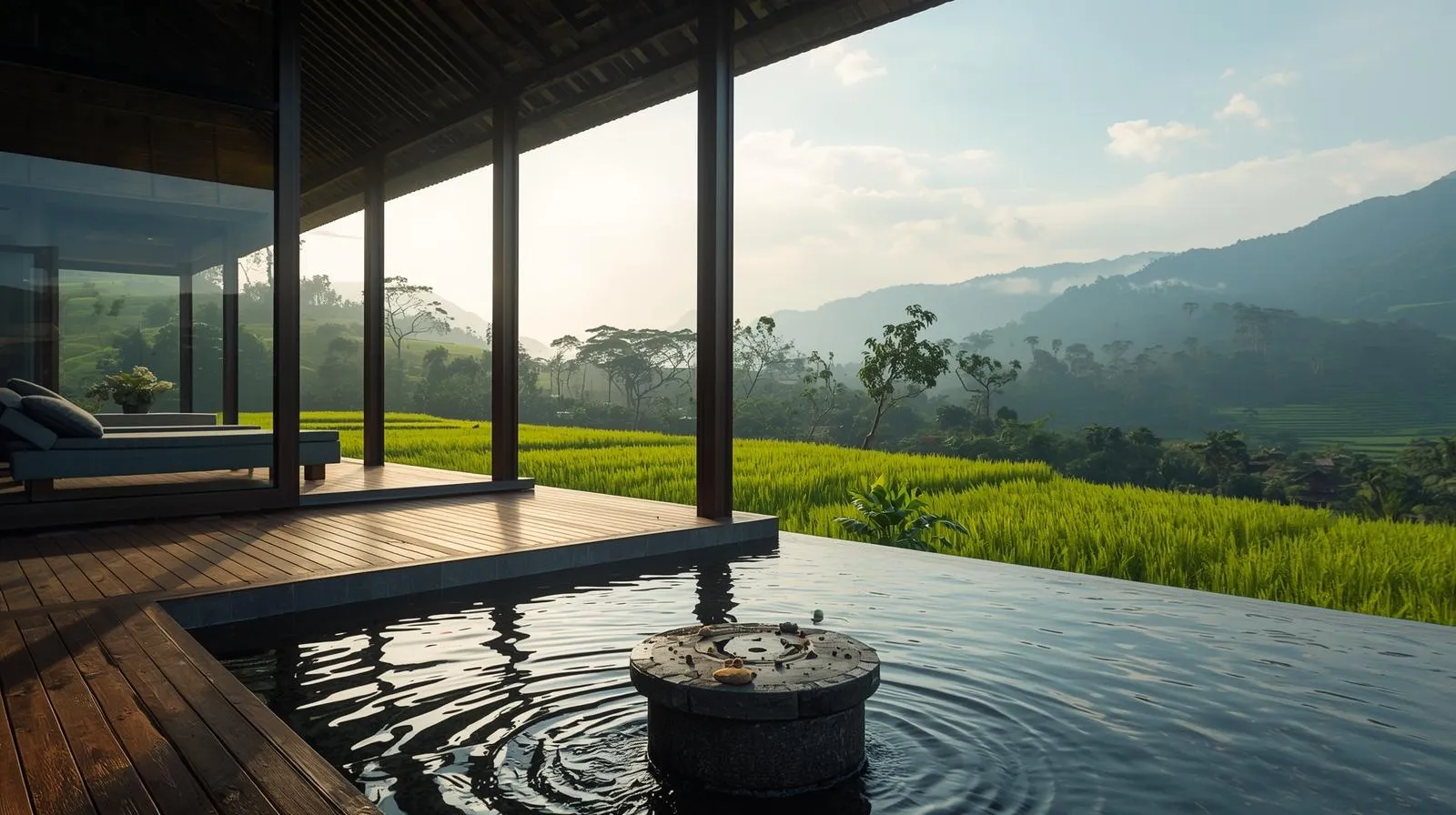 Architectural photography of a luxury wellness retreat for sale in Mae Rim, Chiang Mai, featuring modern teak villas with floor-to-ceiling glass overlooking emerald rice paddies and the Doi Suthep mountains.