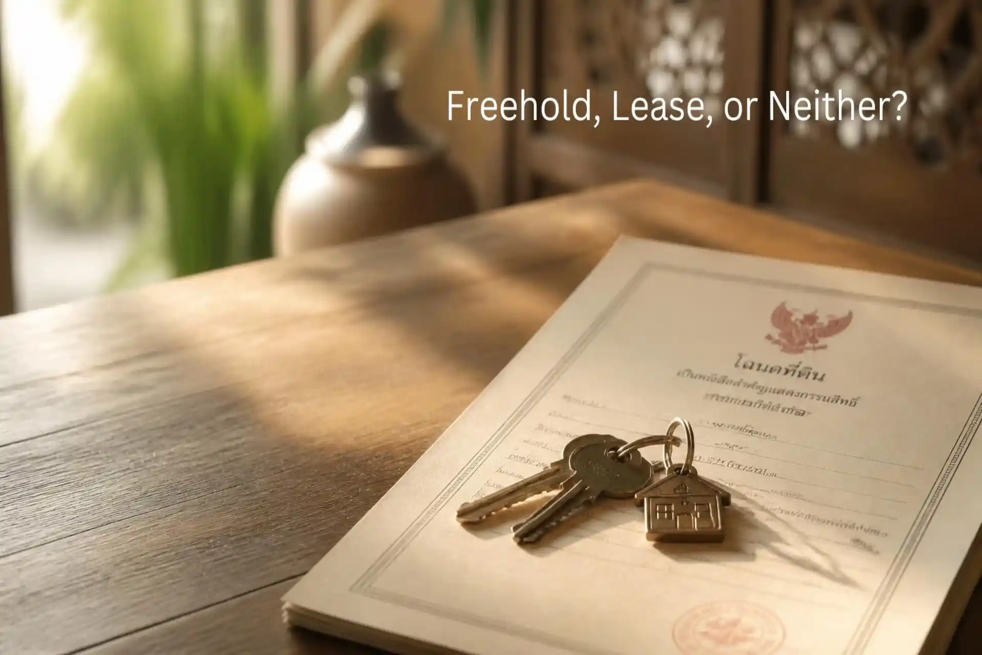 Keys resting on a title deed in warm morning light, illustrating foreign property ownership in Chiang Mai