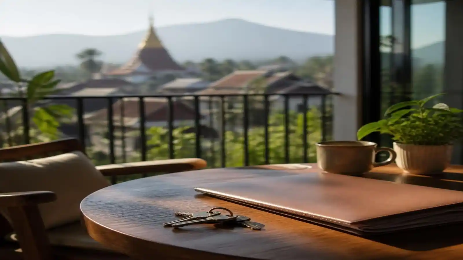 กุญแจและแฟ้มสัญญาเช่าบนโต๊ะระเบียงคอนโดในเชียงใหม่ ภาพประกอบกฎ Airbnb สำหรับเจ้าของคอนโด
