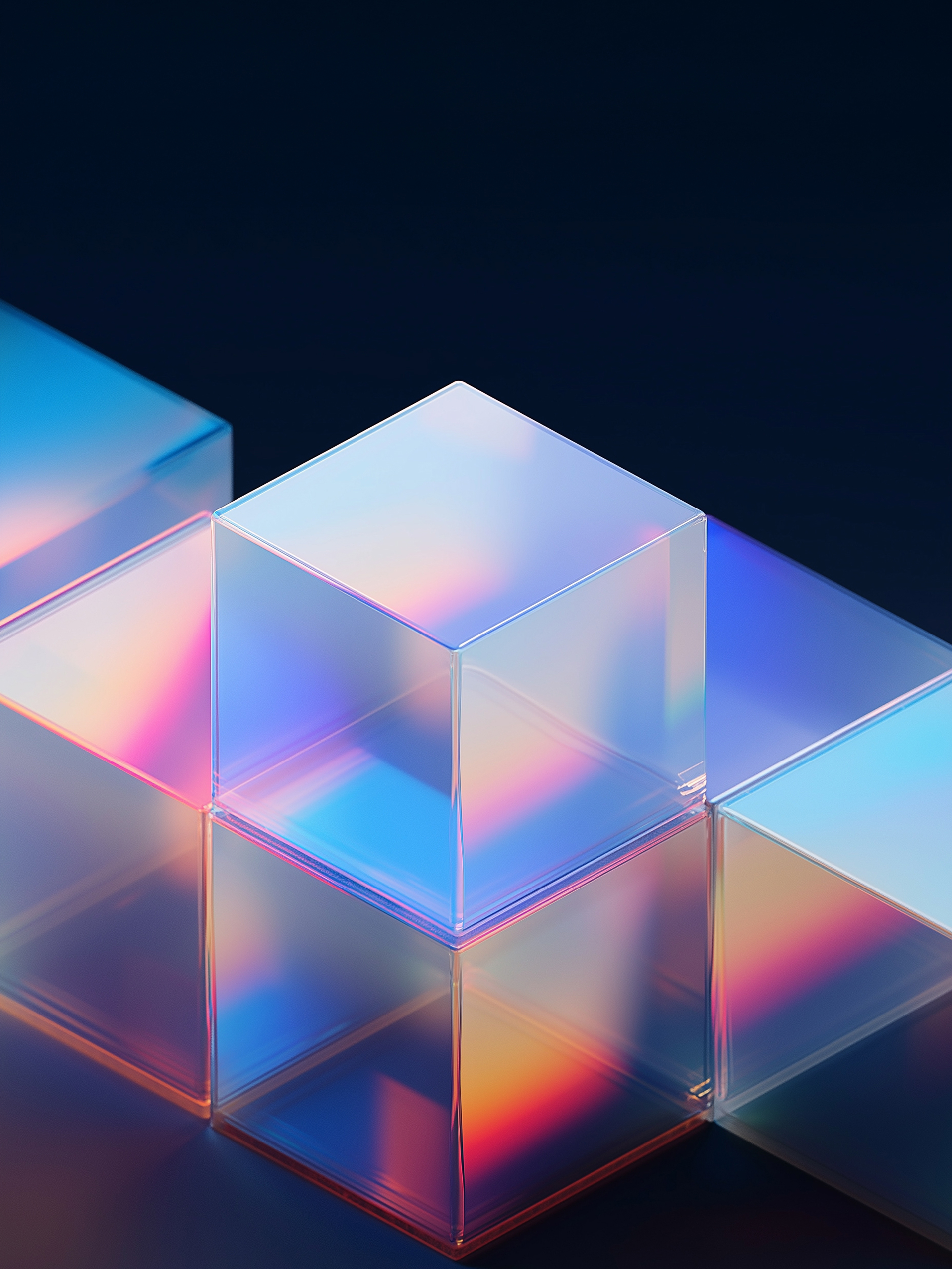 Semi-transparent glass cubes with glowing blue, pink, and orange light reflections on a dark surface.