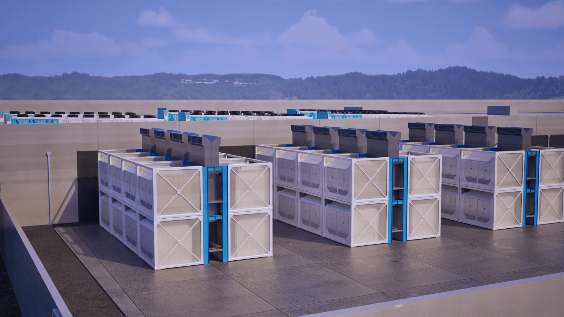 Rows of large white and blue modular data center cooling units on a concrete rooftop with forested hills in the background.