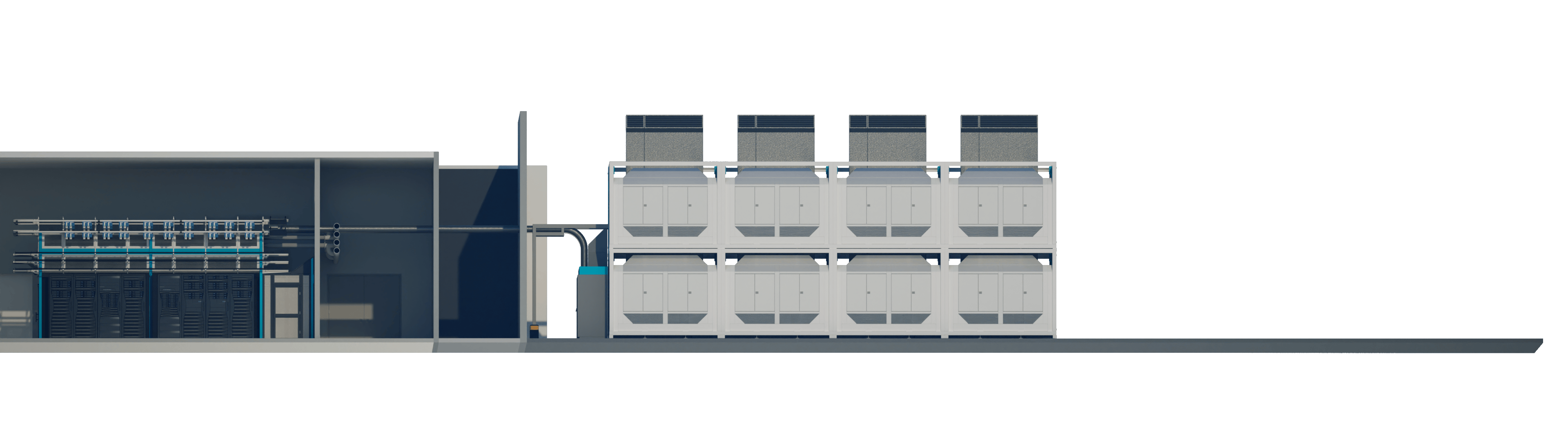 Side view diagram of a modular data center showing server racks inside a building connected to external cooling units stacked two high in four columns.