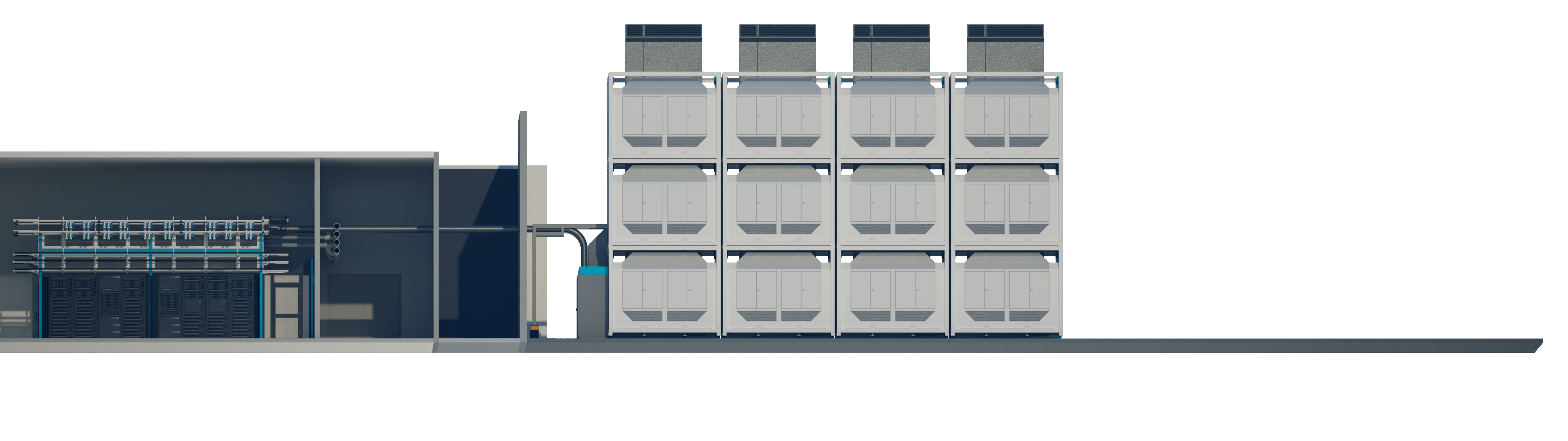 Side elevation view of a modular industrial container system with a row of cooling units inside and stacked HVAC units outside.