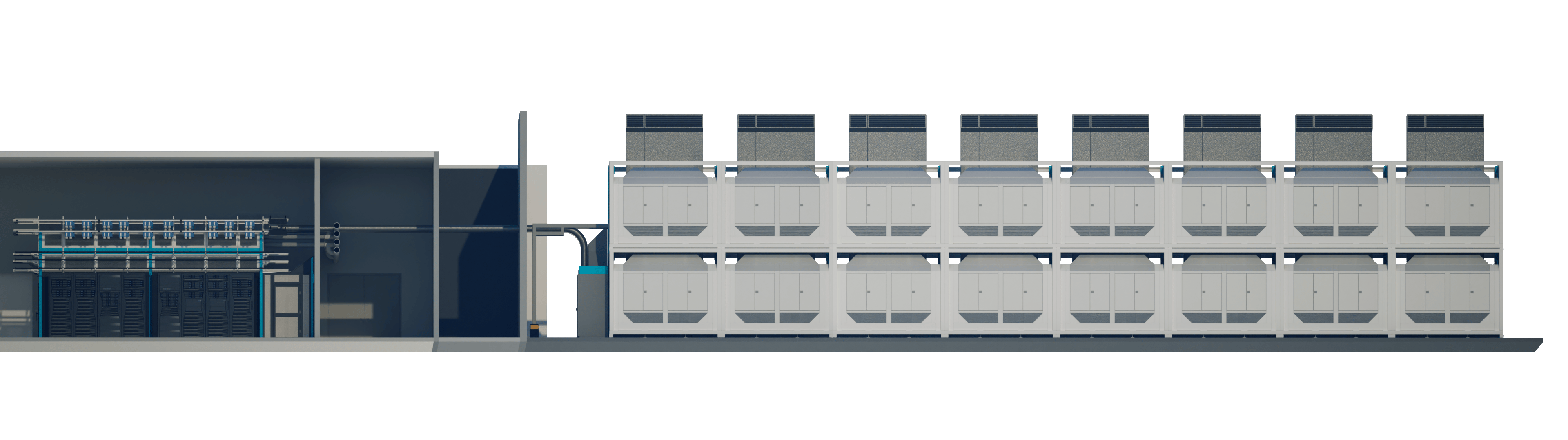 Side elevation of an industrial facility featuring a large container with multiple units stacked in two rows and connected pipes on the left.