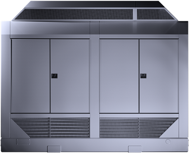 Front view of a large, industrial gray metal cabinet with ventilation grilles and two closed doors with handles.