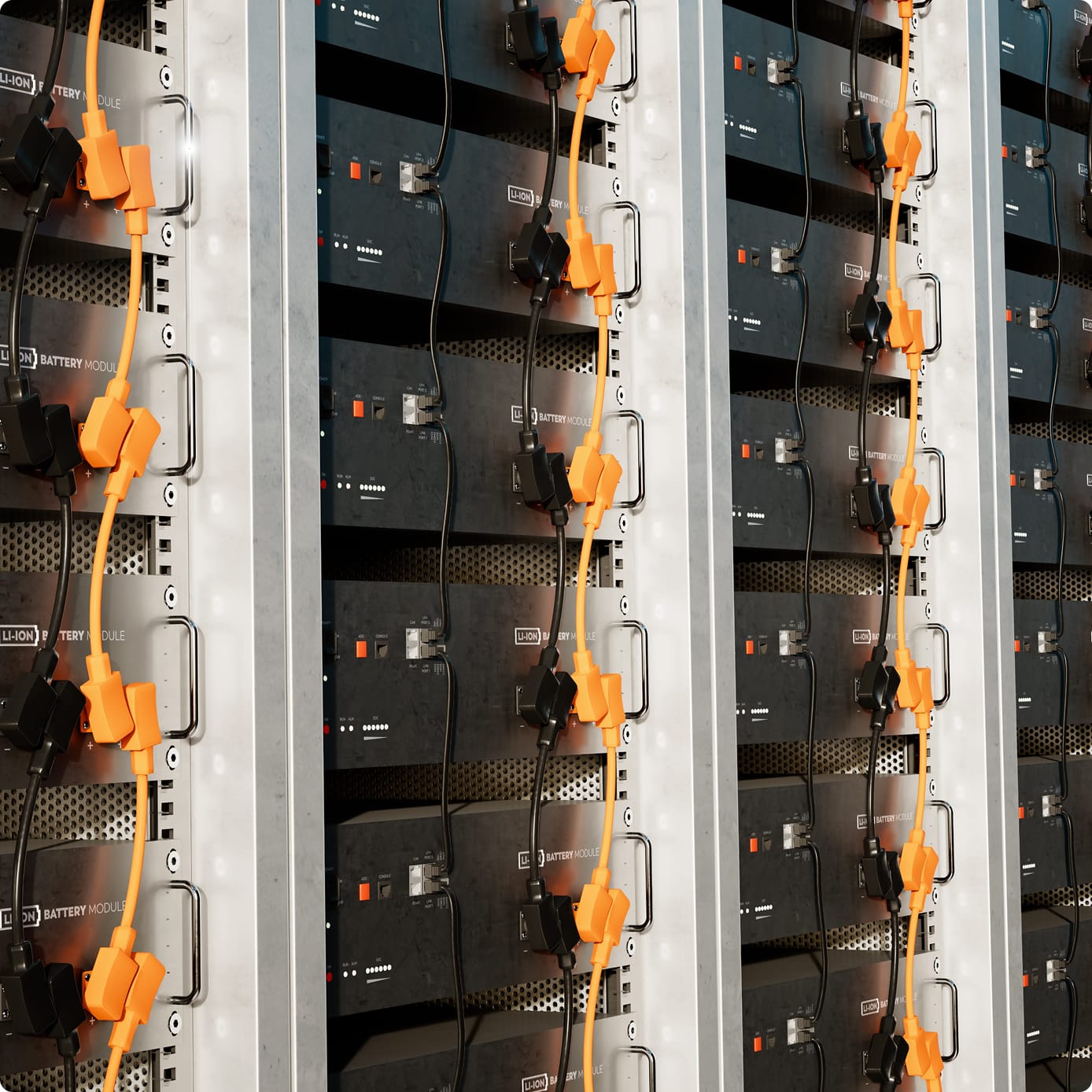 Rows of connected black and orange cables plugged into black lithium-ion battery modules in a metal rack.