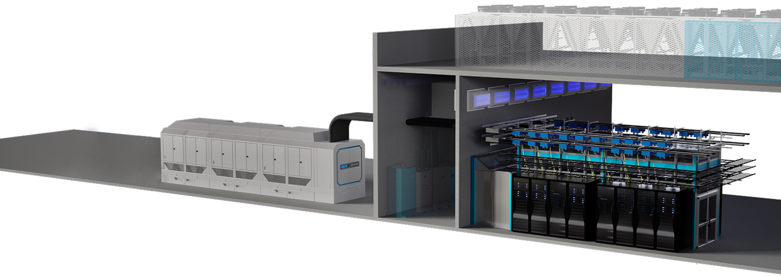 Cutaway 3D rendering of a data center showing rows of black server racks, overhead cable trays, ventilation units, and cooling equipment inside the facility.