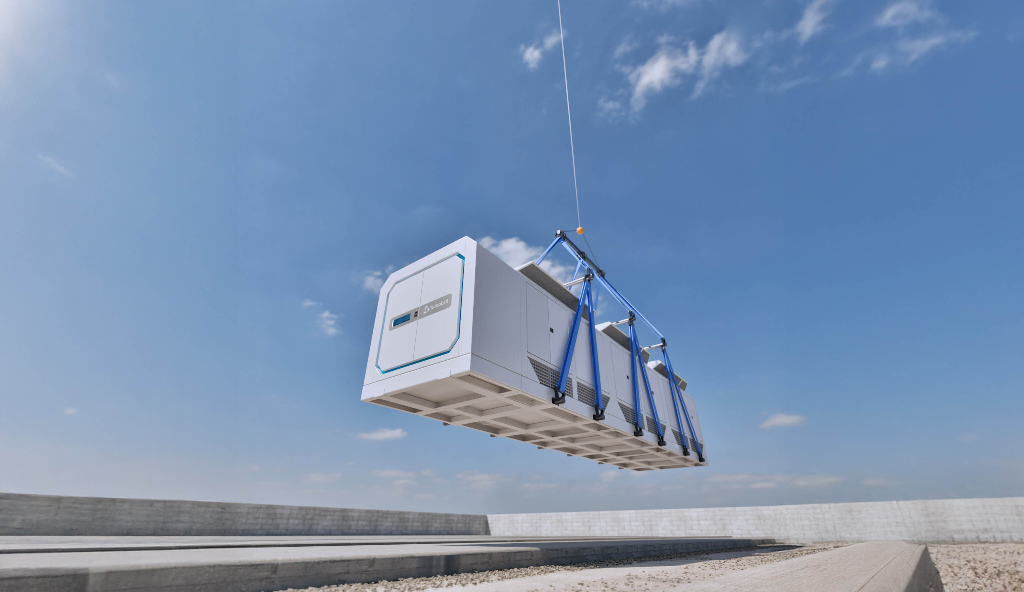 Rows of large white electrical or data equipment cabinets on a gravel surface under a blue sky with scattered clouds.