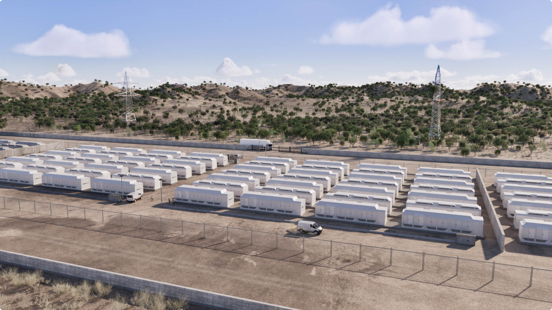 Row of large white industrial battery storage units labeled 'TurboCell' under a partly cloudy sky.