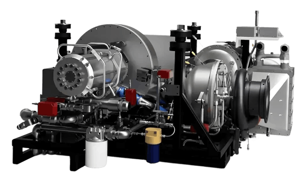 Industrial mechanical equipment comprising metallic pipes, filters, and cylindrical components mounted on a black frame.