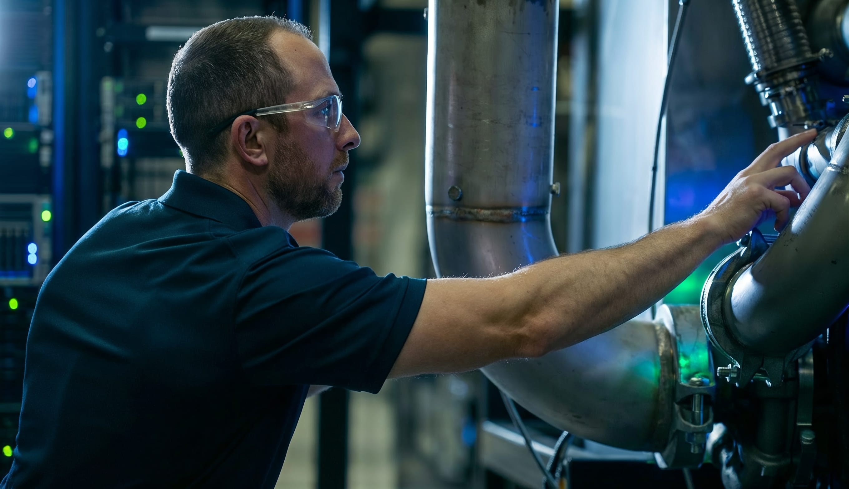 Two construction workers wearing hard hats and reflective vests walking and discussing in an outdoor industrial area with large white equipment units.